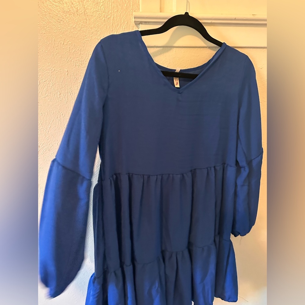 Blue flowy dress with sleeves wear with tights and booties